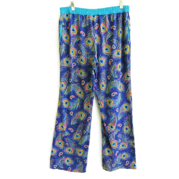 Nick and Nora Pajama Pants Blue Peacock Feather Hearts Drawstring Bottoms S - Picture 3 of 8